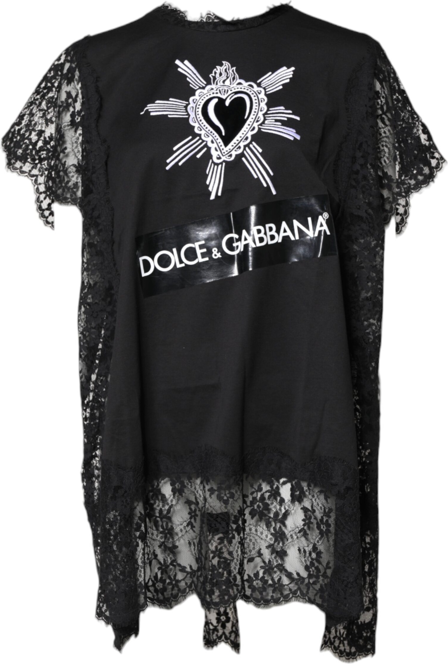 Black Lace Sheer Sacred Heart Crew Neck Top Dolce & Gabbana