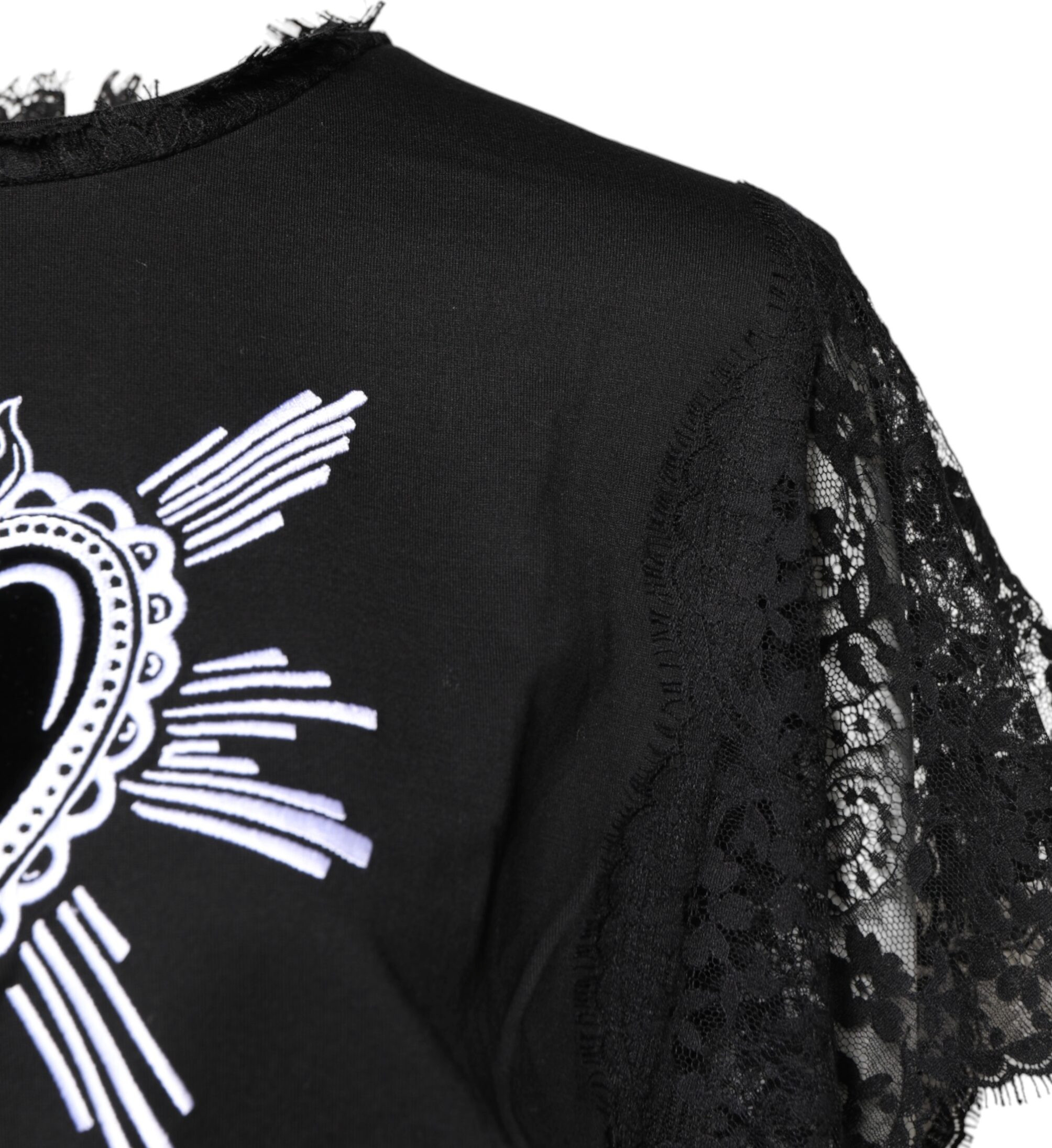 Black Lace Sheer Sacred Heart Crew Neck Top Dolce & Gabbana