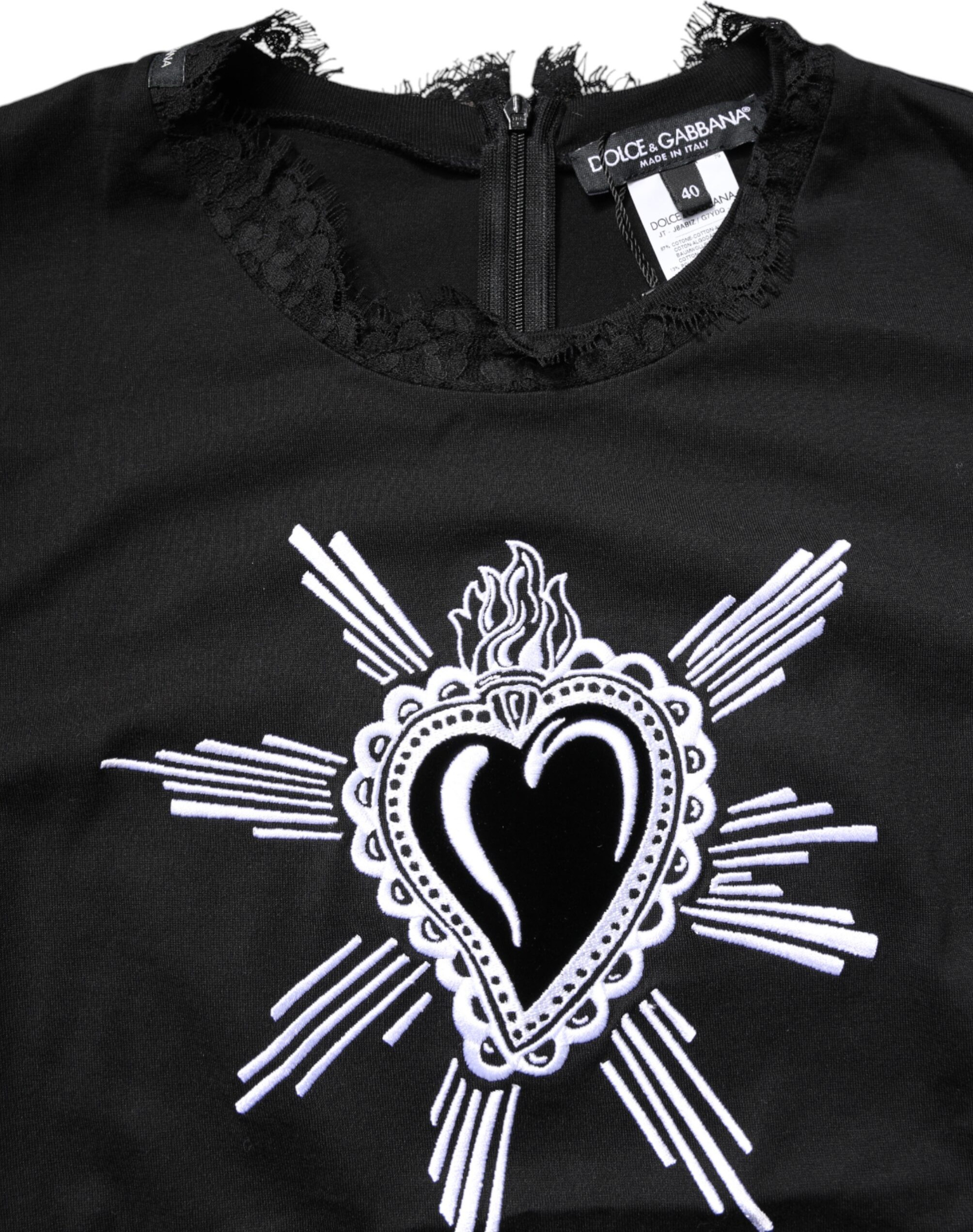 Black Lace Sheer Sacred Heart Crew Neck Top Dolce & Gabbana