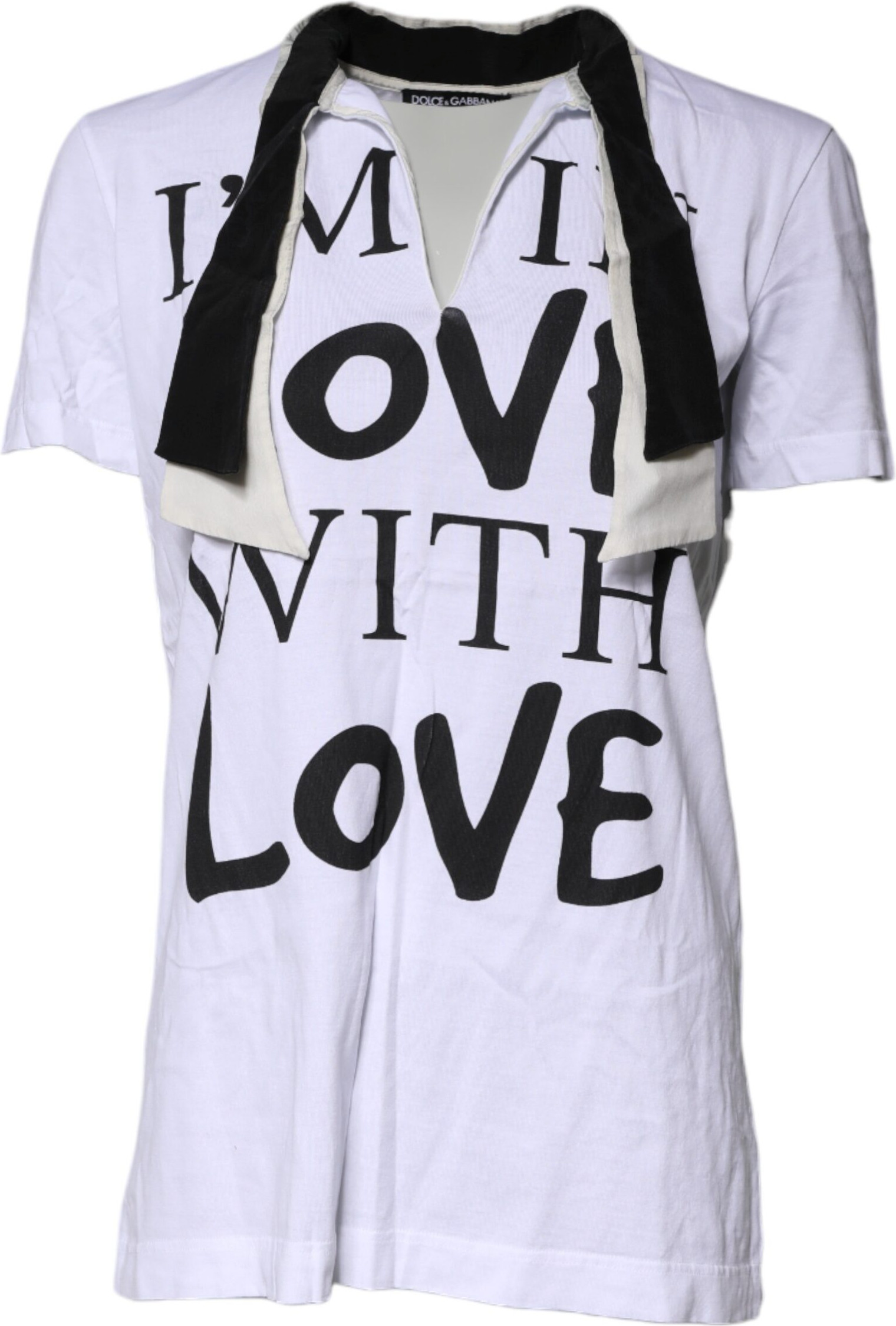 White Cotton Silk Blend Ascot Collar T-shirt Dolce & Gabbana