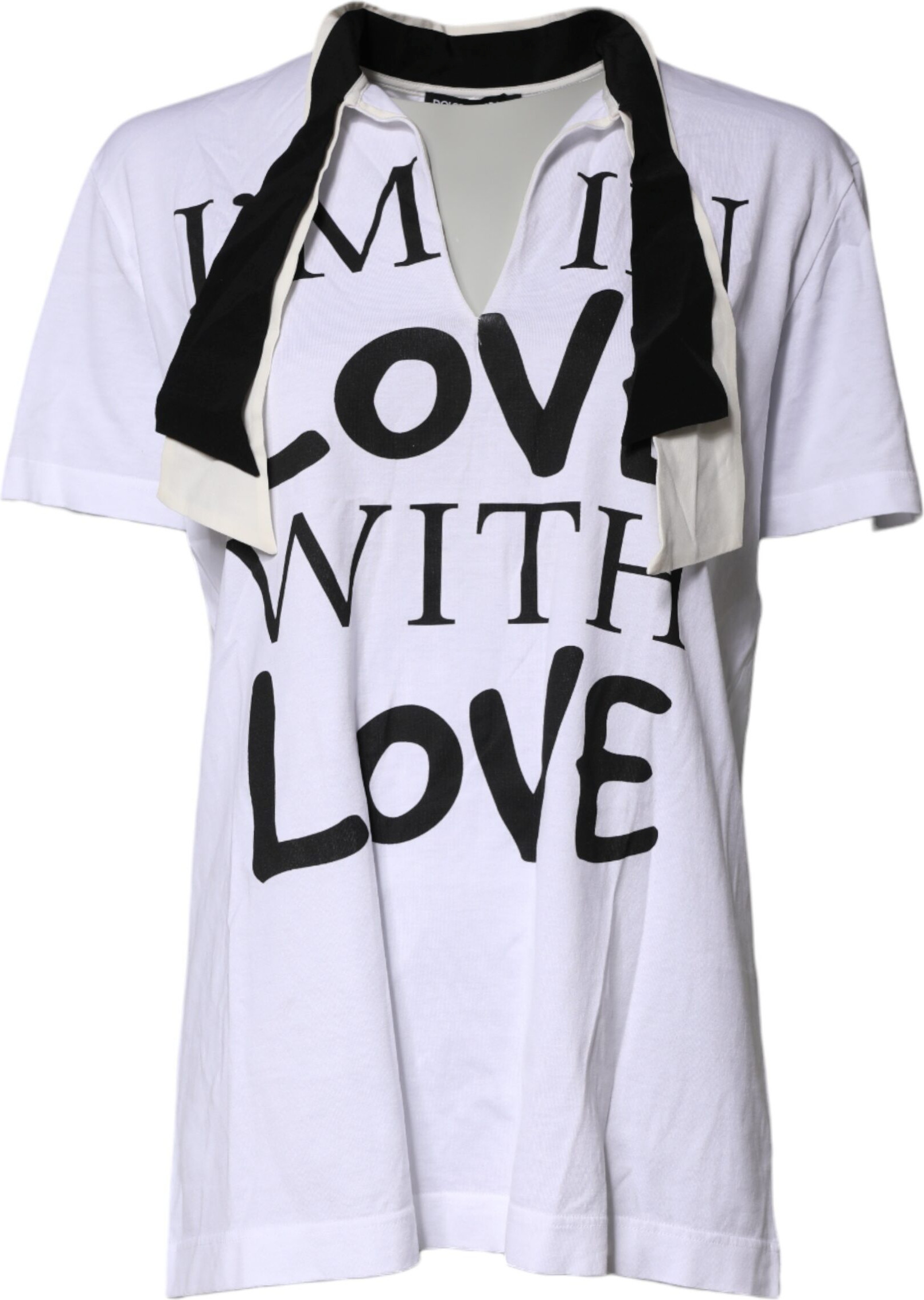 T-shirt Dolce & Gabbana White Cotton Silk Blend Ascot Collar T-shirt