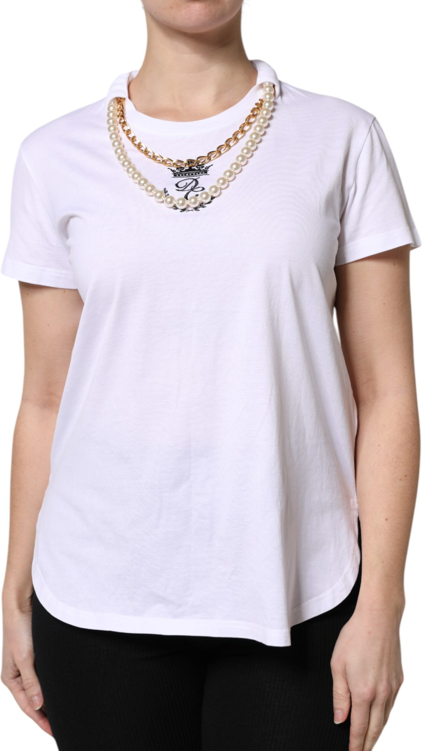 White Chain Pearl Cotton Round Neck T-shirt Dolce & Gabbana