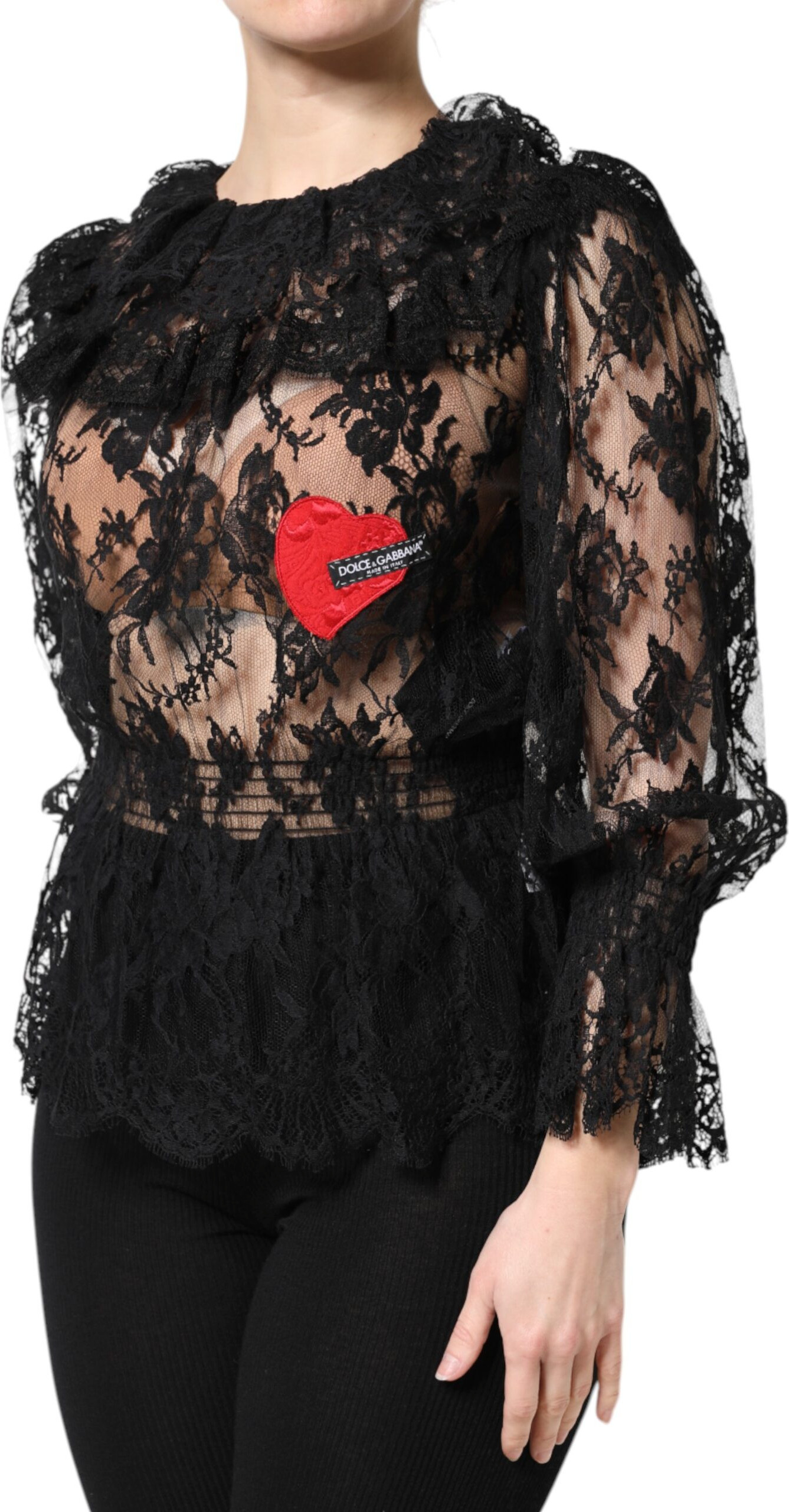 Black Cotton Floral Lace Women Blouse Top Dolce & Gabbana
