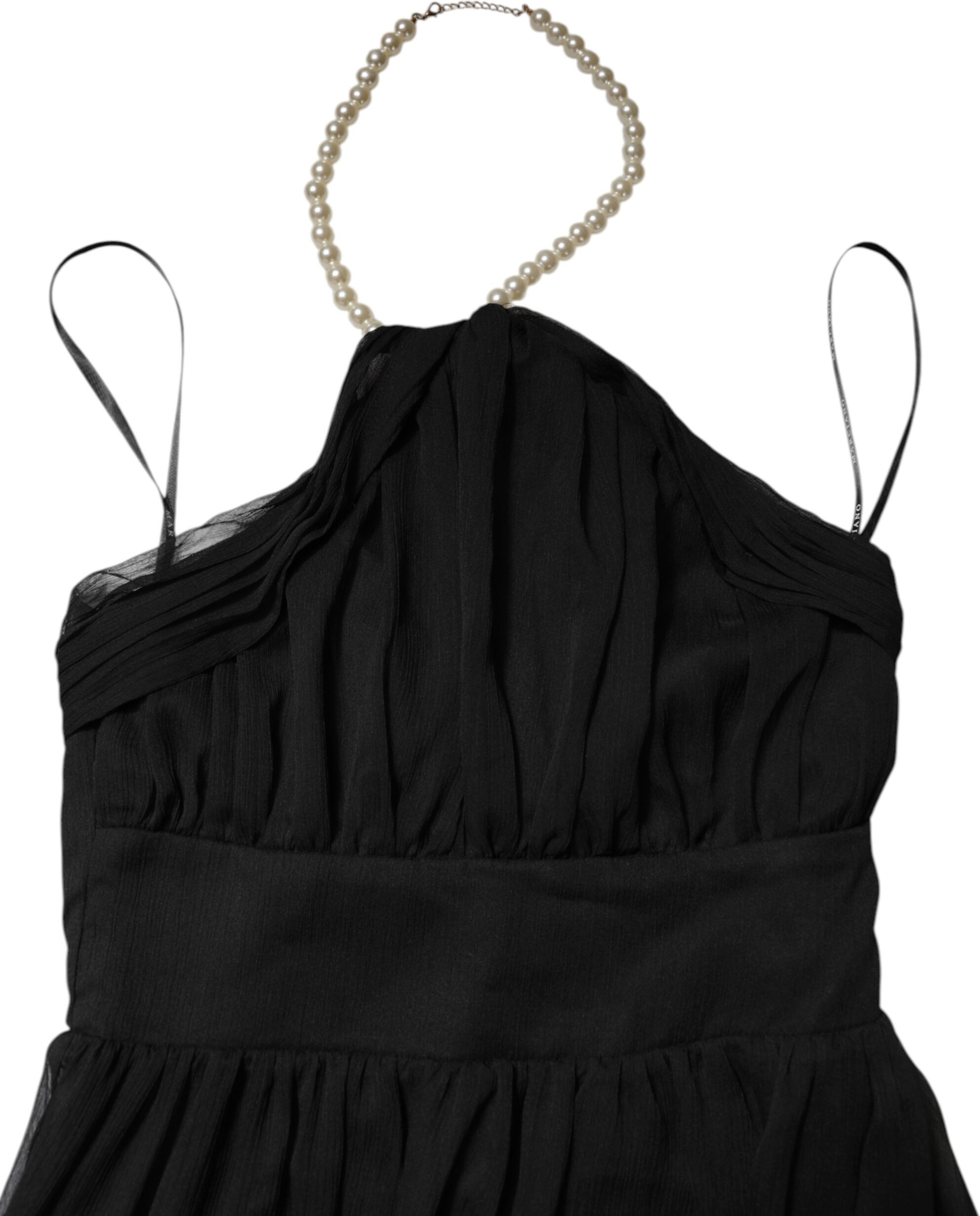 Черное длинное вечернее платье из фатина с жемчугом без рукавов Marciano By Guess