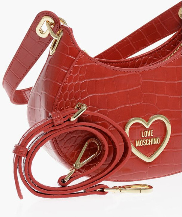 Hobo Bag Moschino LOVE Crocodile Effect Faux Leather Hobo Bag with Golden Hear