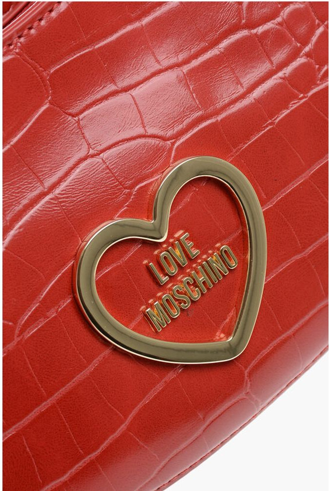 Hobo Bag Moschino LOVE Crocodile Effect Faux Leather Hobo Bag with Golden Hear