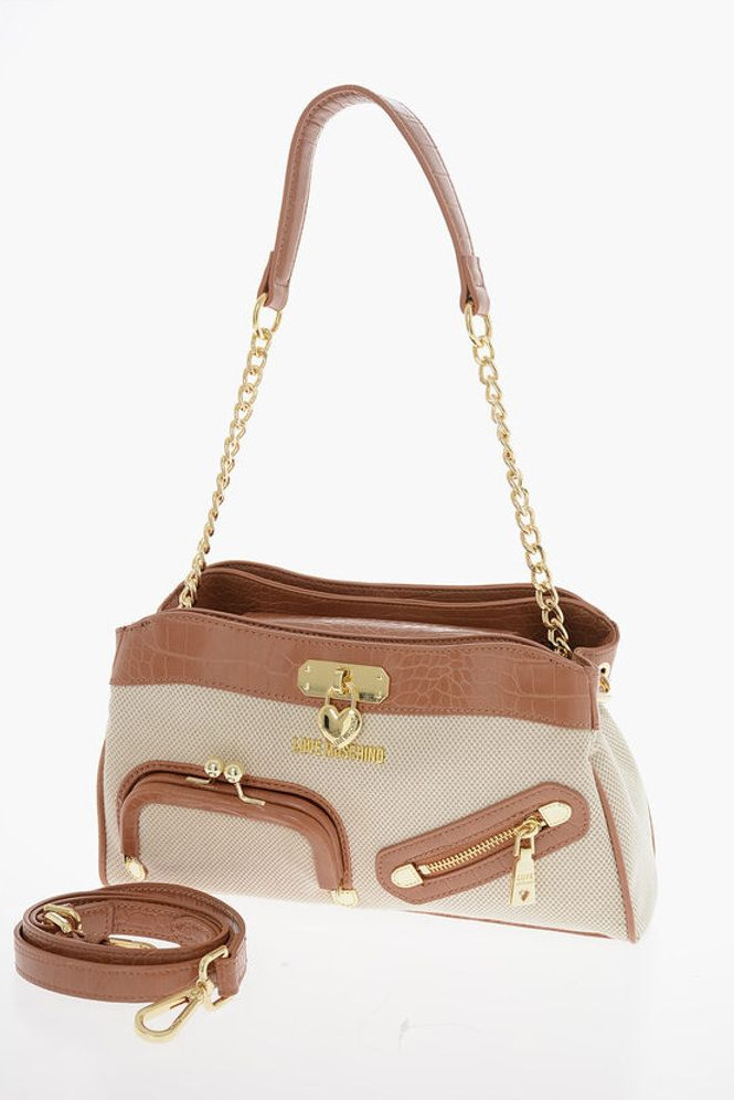 Handbag Moschino LOVE Braided Fabric Handle Bag with Crocodile Effect Faux Le