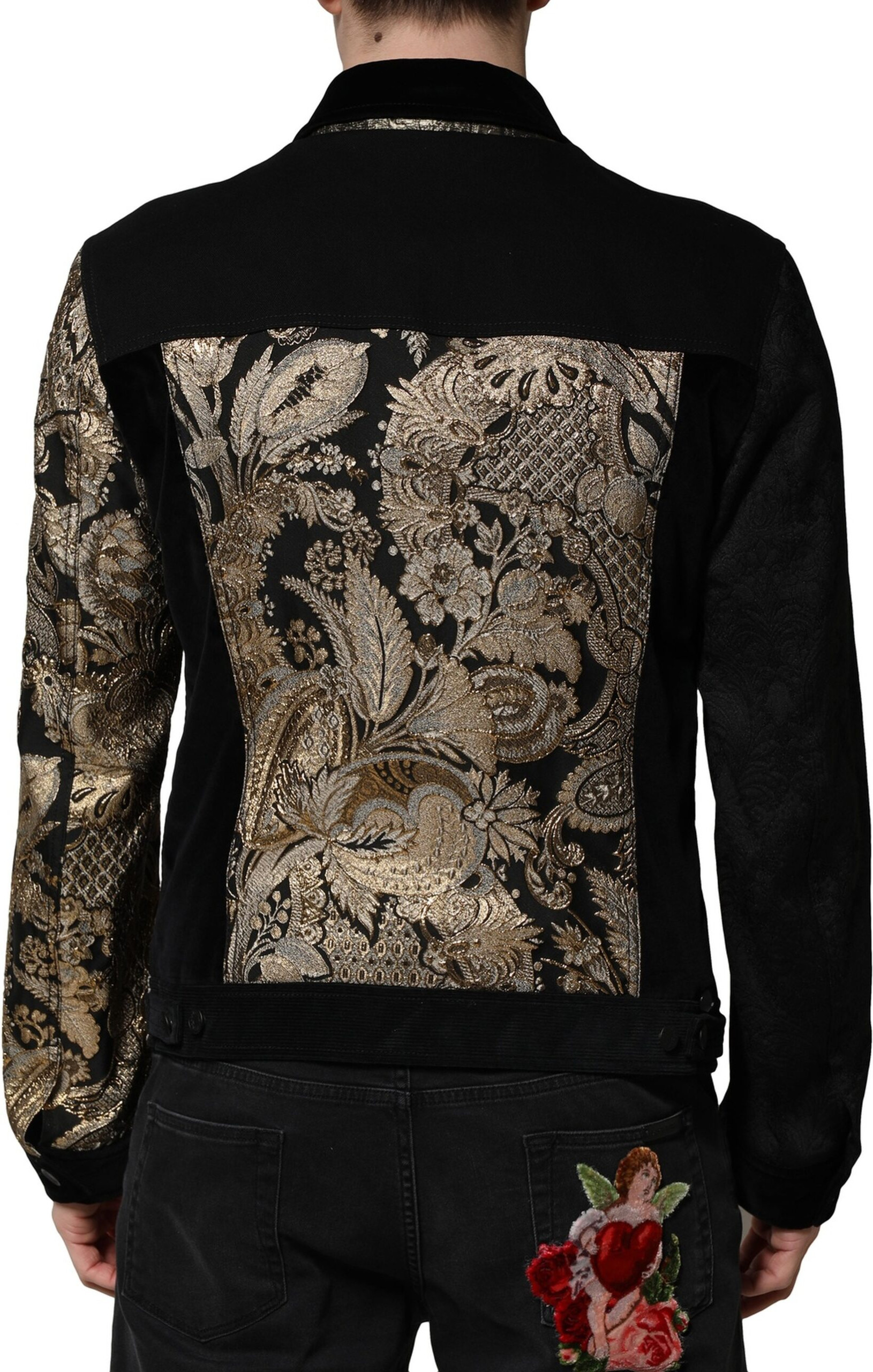 Black Gold Floral Jacquard Men Biker Jacket Dolce & Gabbana