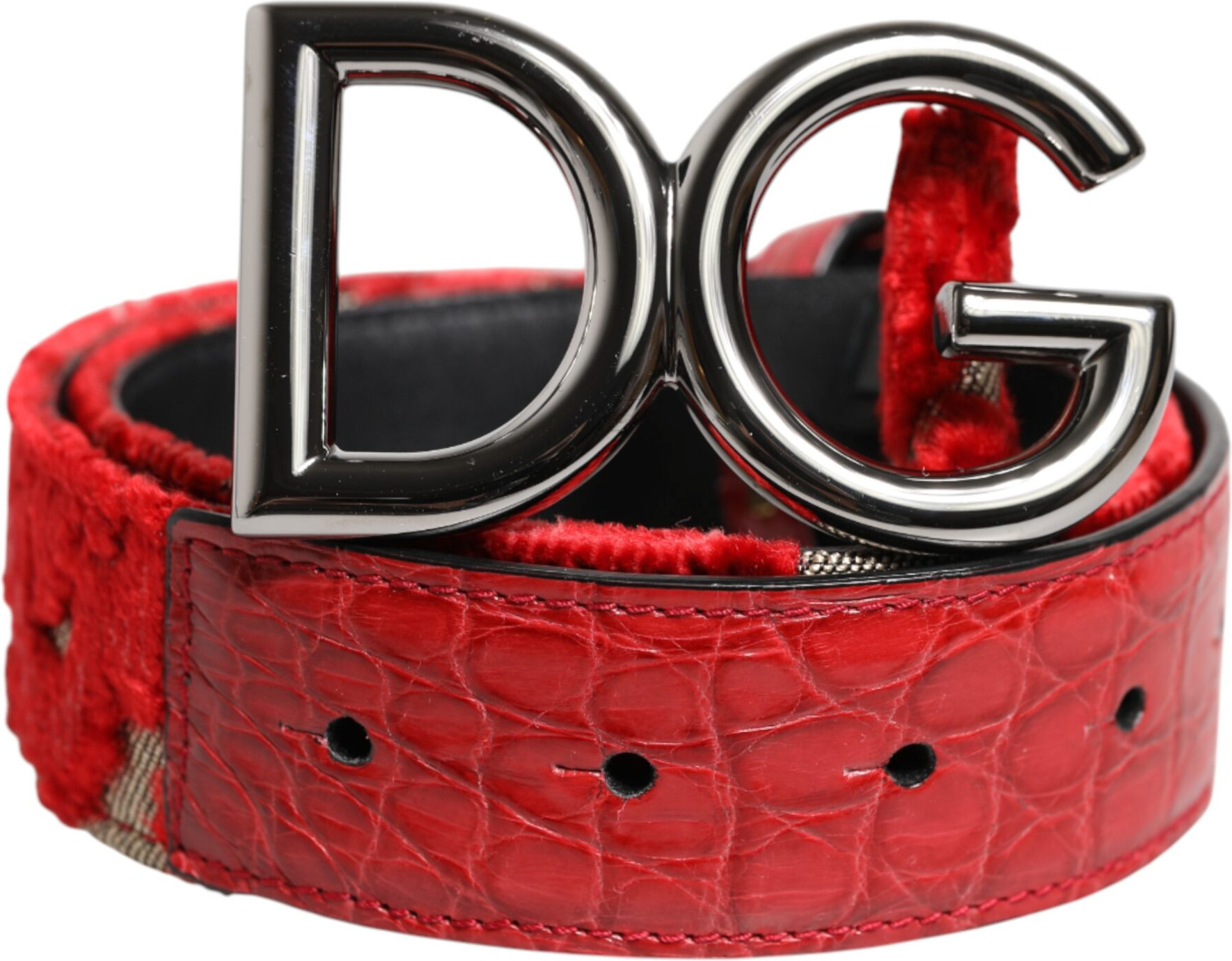 Ремень Dolce & Gabbana Красная Вискоза Серебристая Металлическая Пряжка с Логотипом DG