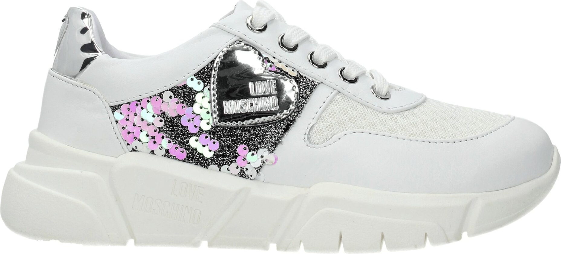 White Fabric Chunky Sneakers by LOVE MOSCHINO