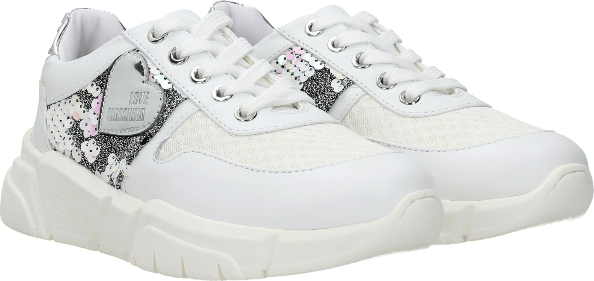 White Fabric Chunky Sneakers by LOVE MOSCHINO