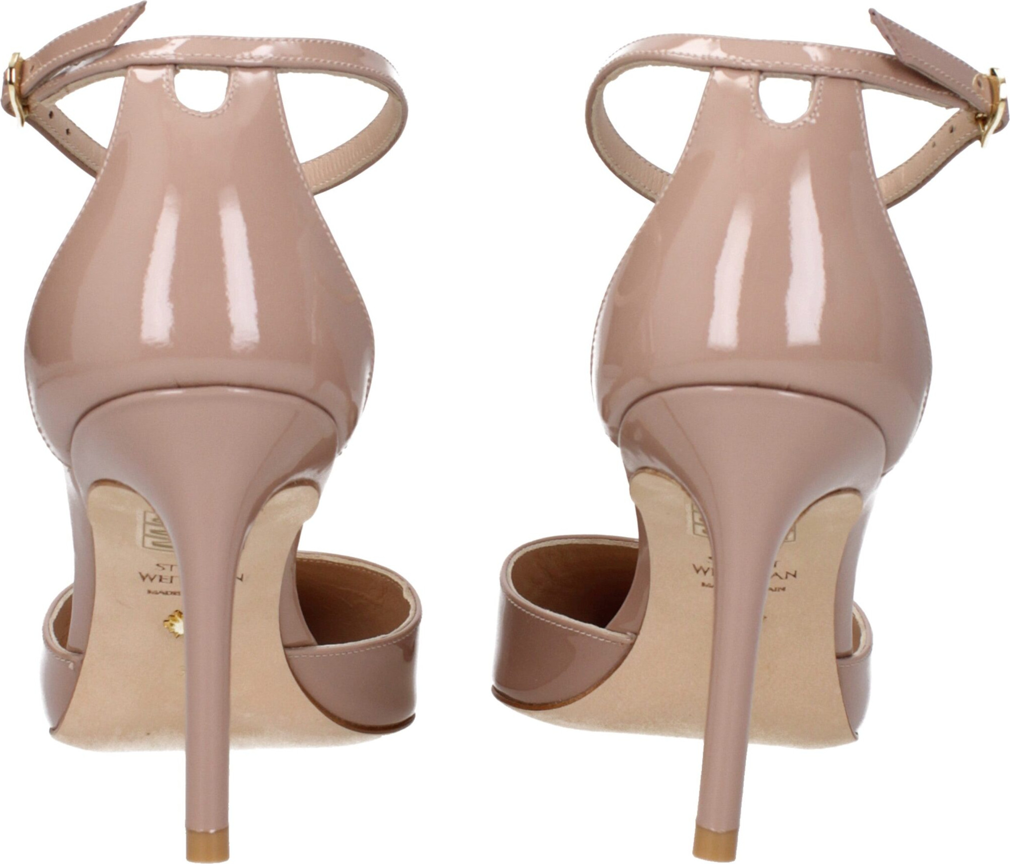 Stuart Weitzman ning pushti rangli charmdan tikilgan stiletto poshna shippaklari