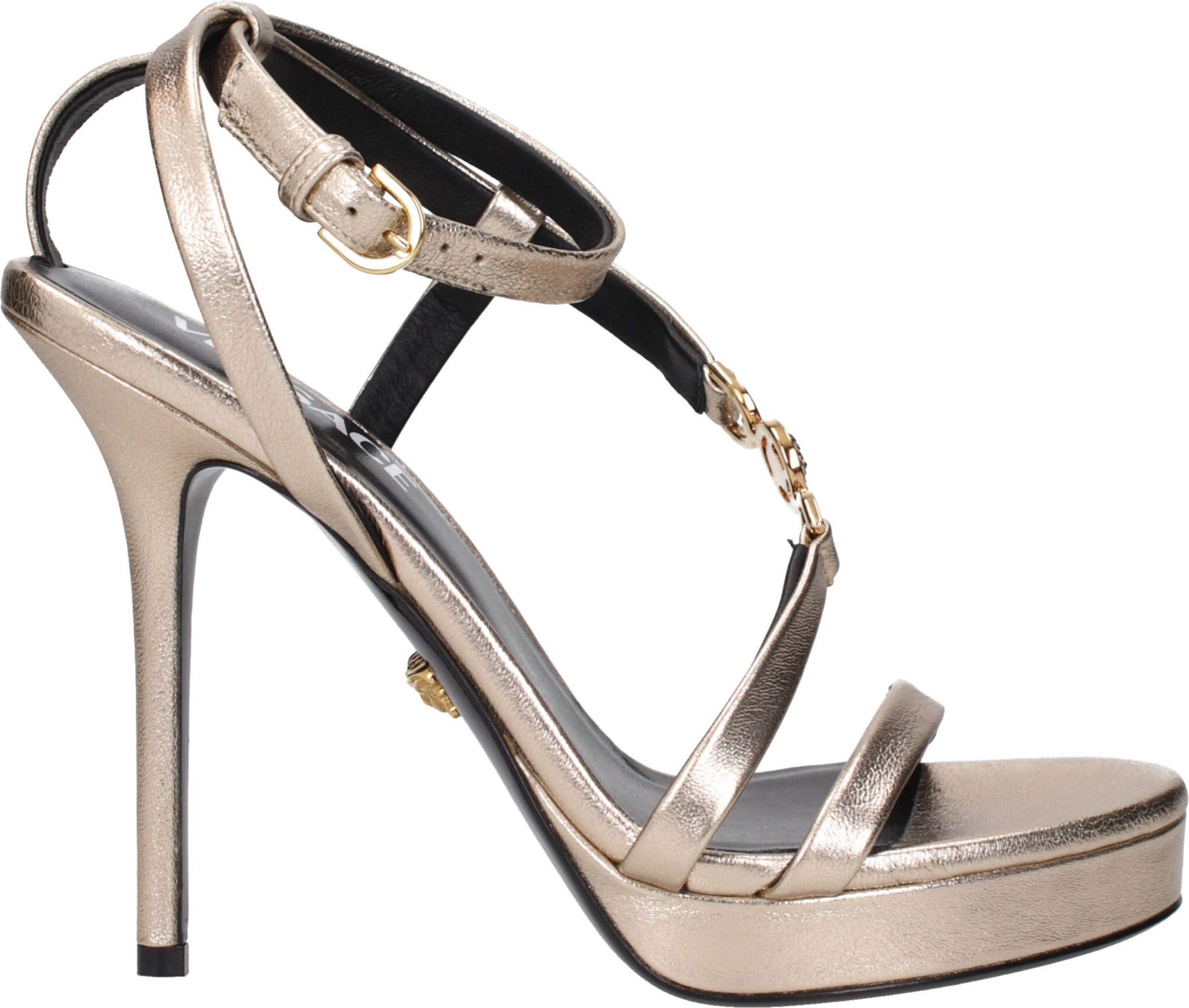 Gold Leather Stiletto Heel Sandals by Versace