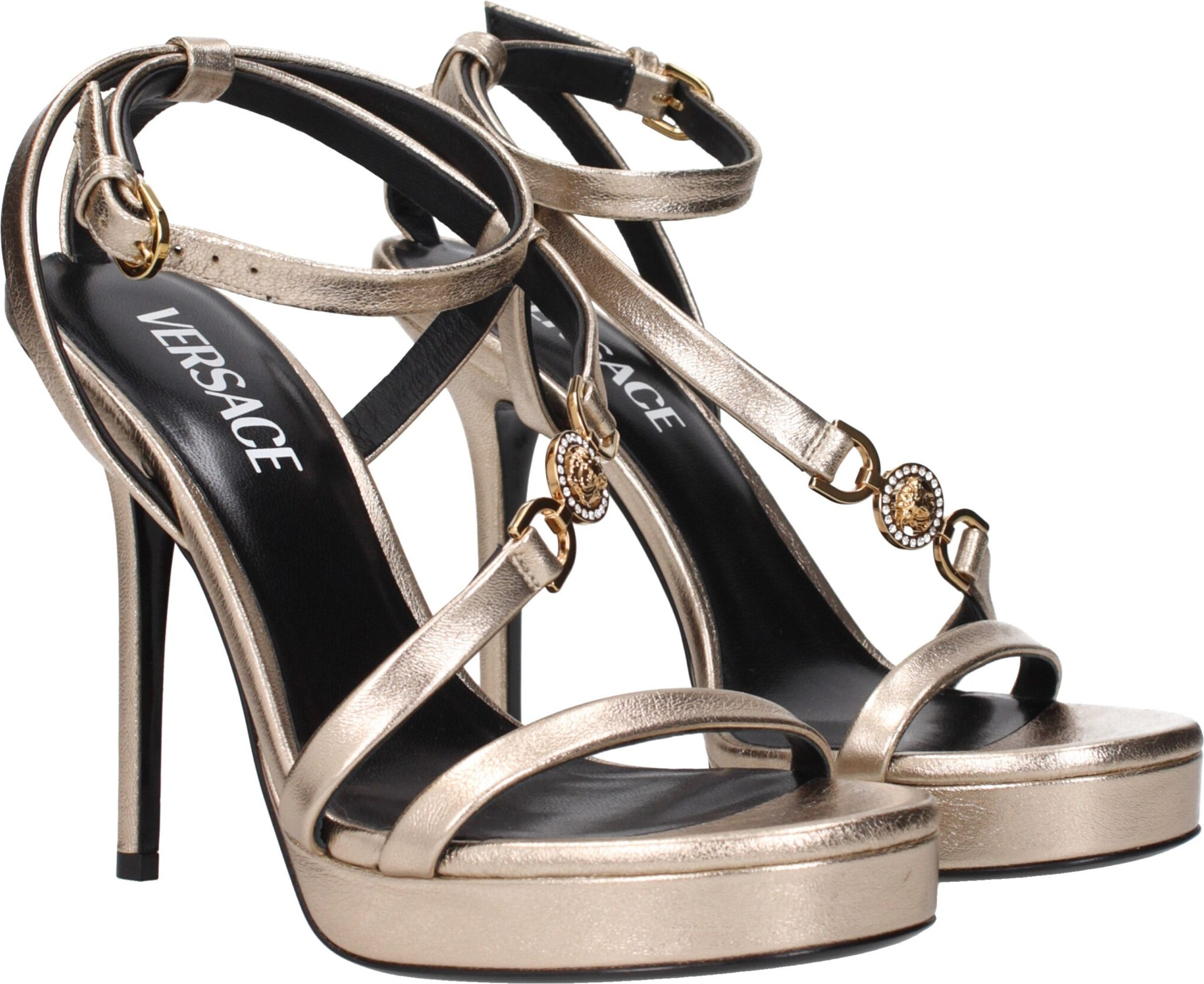 Gold Leather Stiletto Heel Sandals by Versace