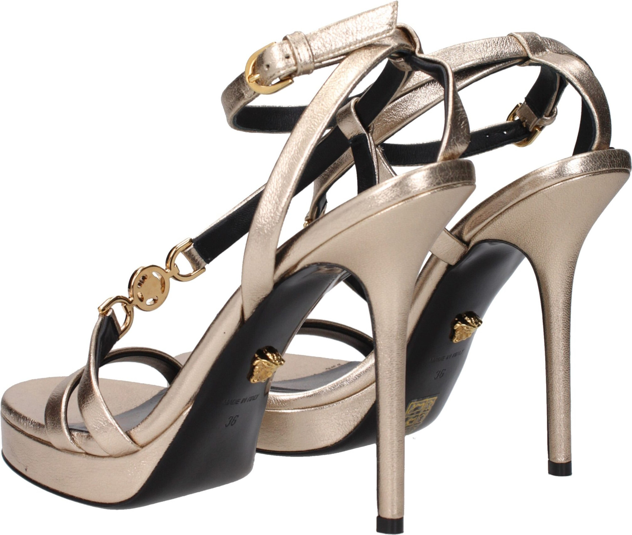 Gold Leather Stiletto Heel Sandals by Versace