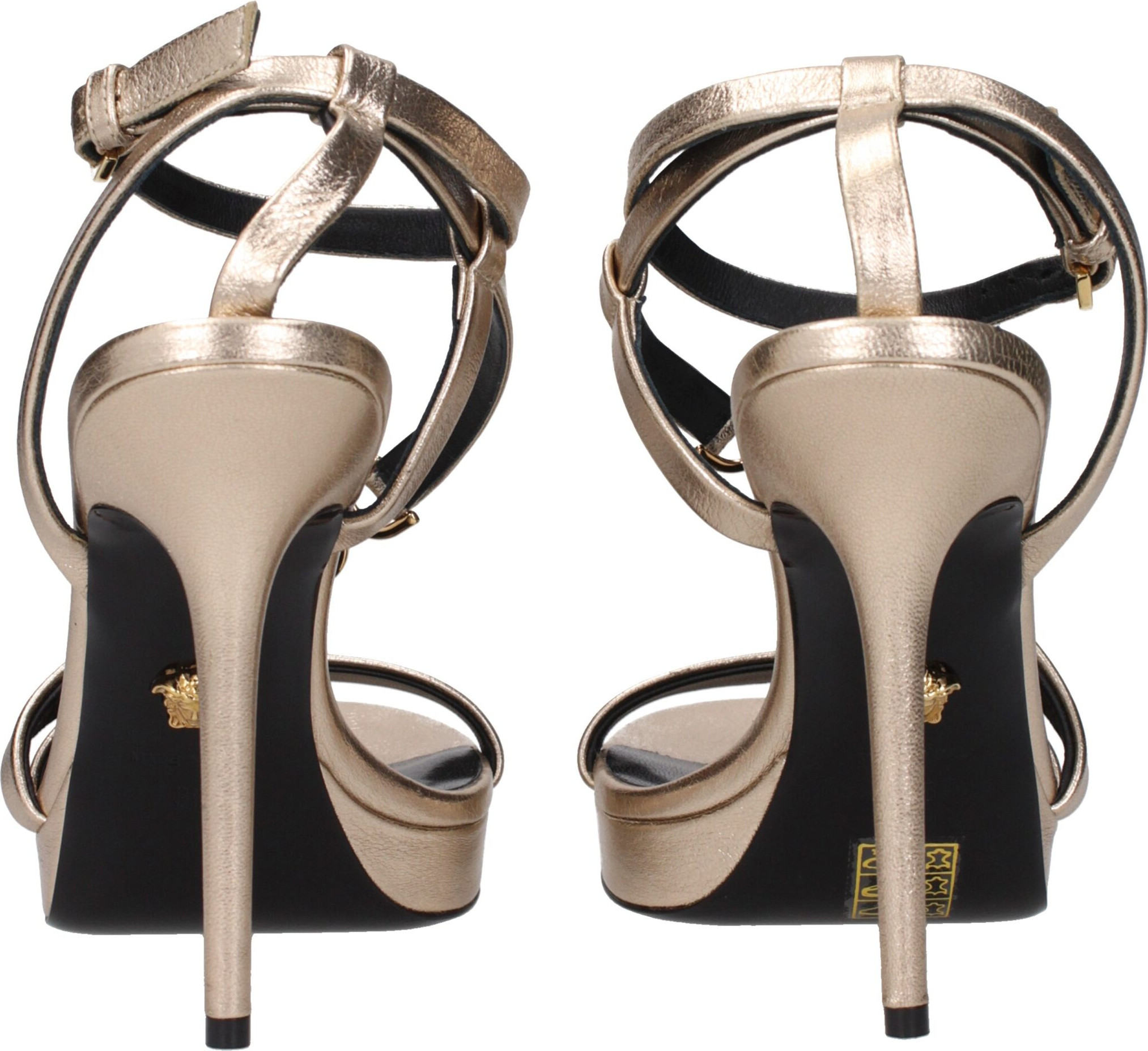 Gold Leather Stiletto Heel Sandals by Versace