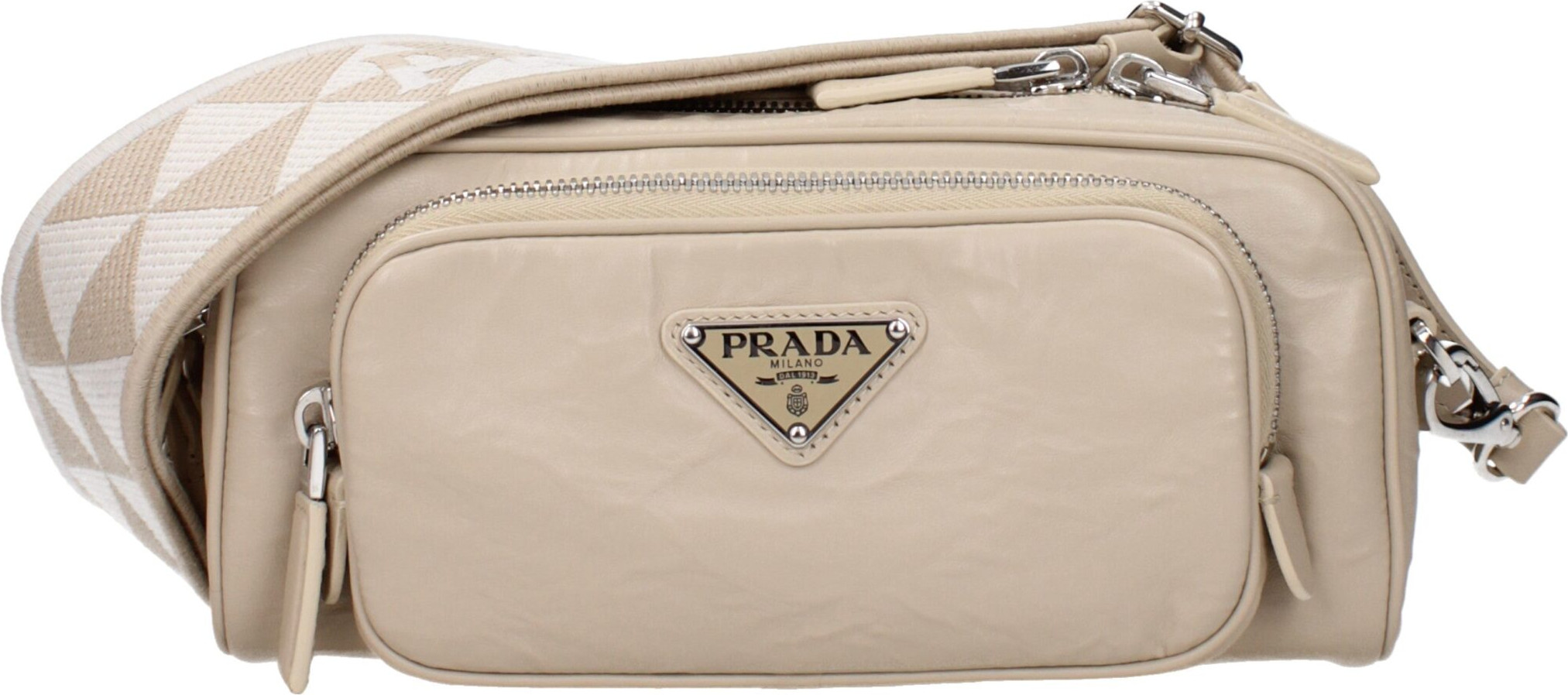 Crossbody Prada sumkasi, bej rangli charmdan