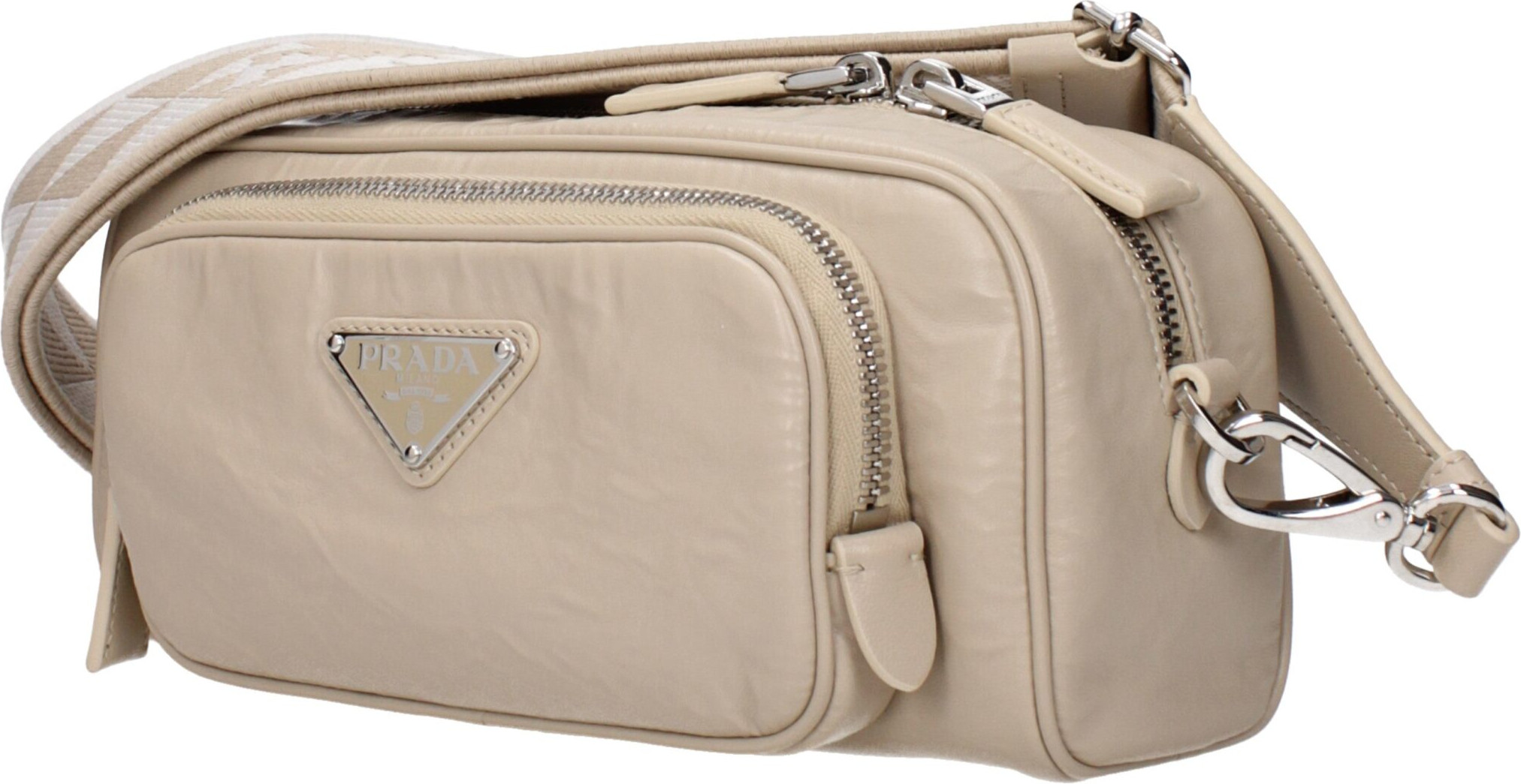 Crossbody Prada sumkasi, bej rangli charmdan