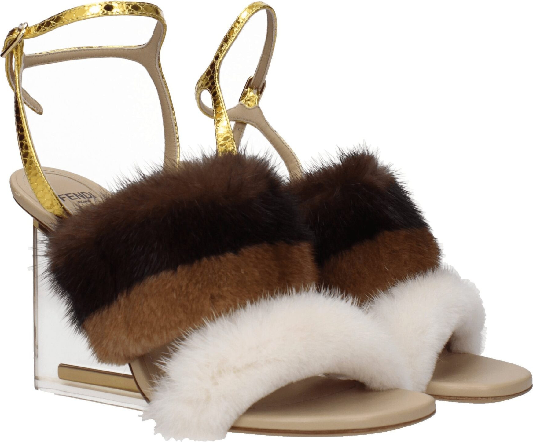 Босоножки Fendi с ремешком из меха норки коричневого цвета
