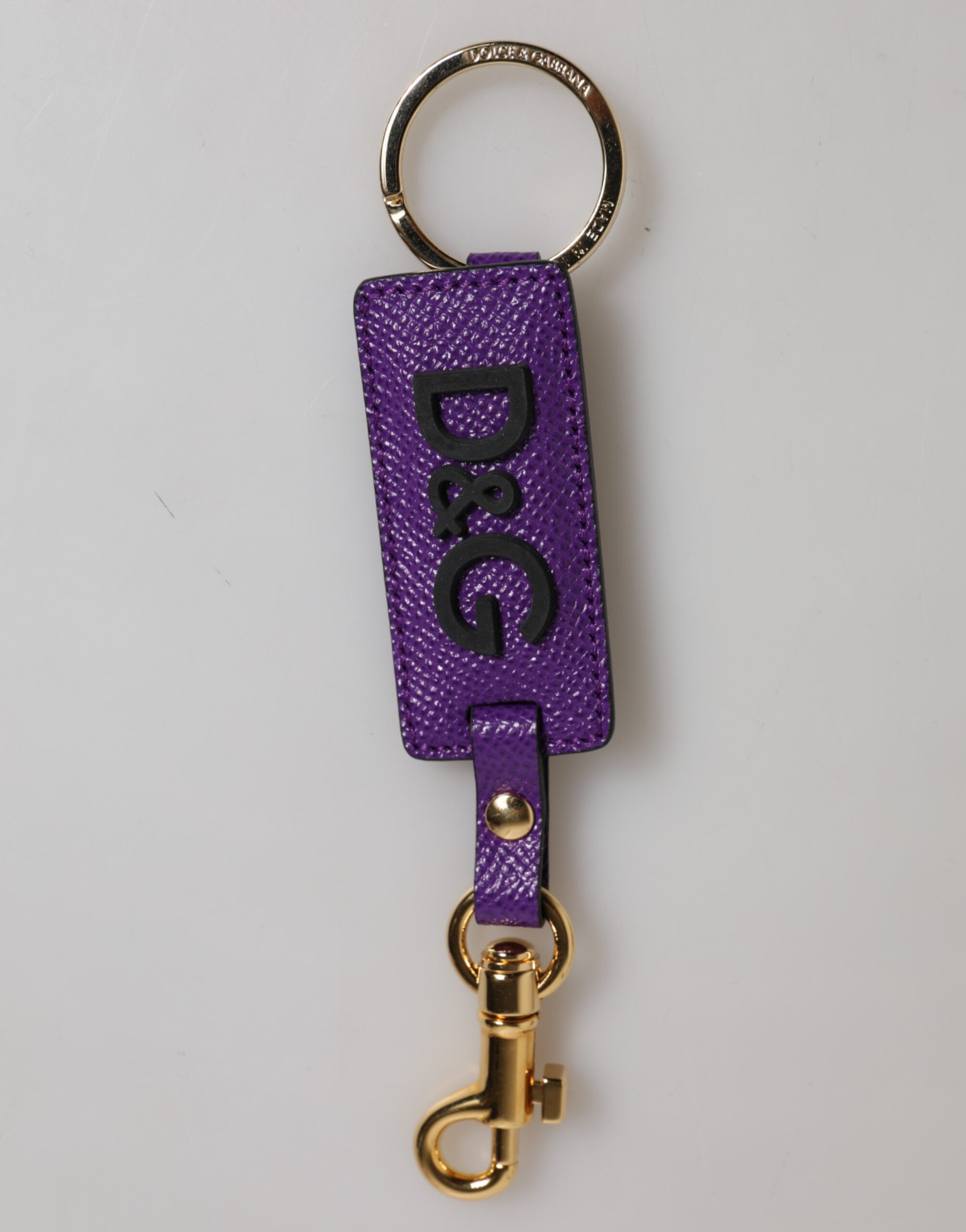 Keyring Dolce & Gabbana Purple DG Logo Leather Gold Tone Metal Keyring Keychain
