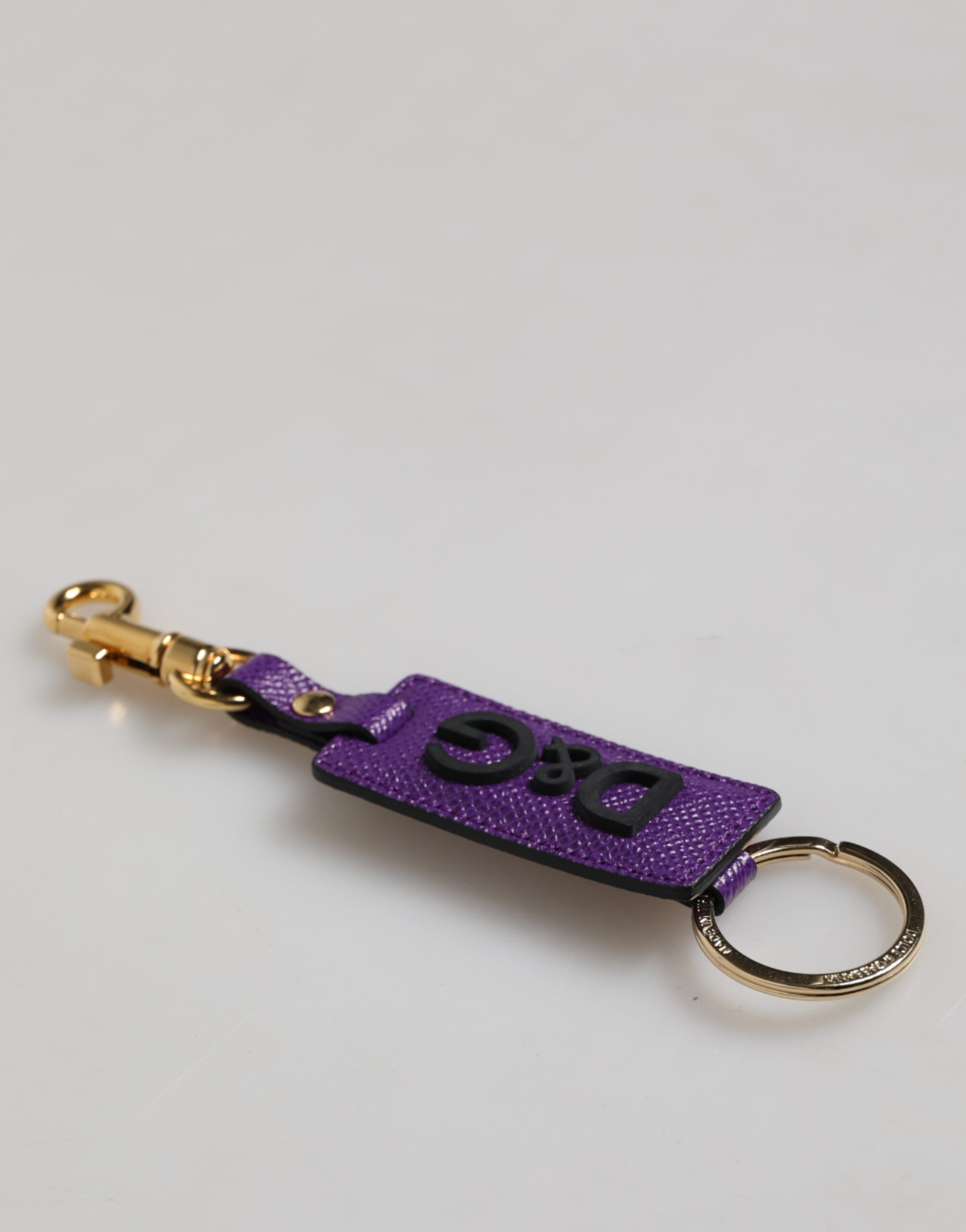 Keyring Dolce & Gabbana Purple DG Logo Leather Gold Tone Metal Keyring Keychain