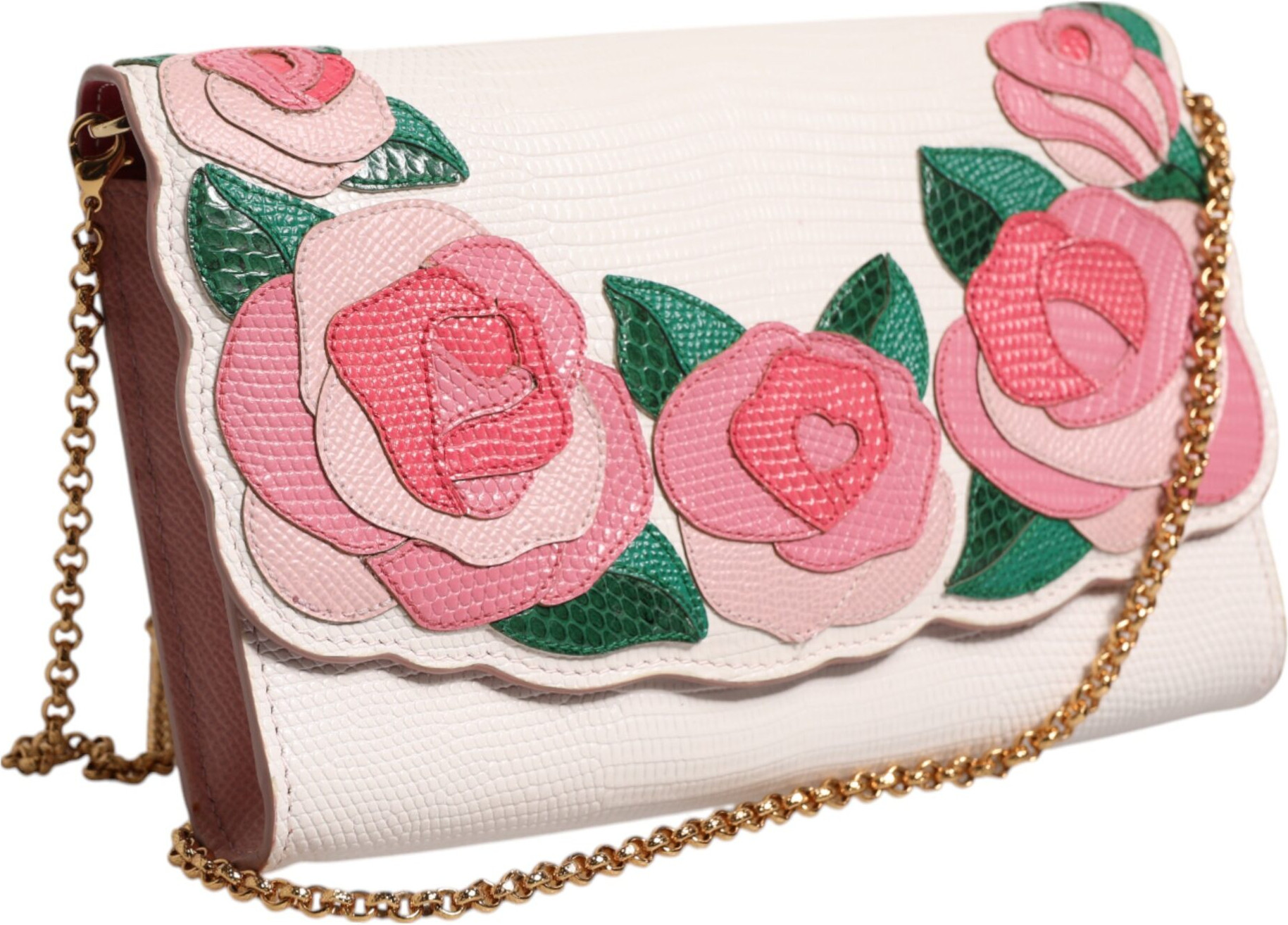 Crossbody Bag Dolce & Gabbana White Floral Leather Wallet Crossbody Gold Chain Bag