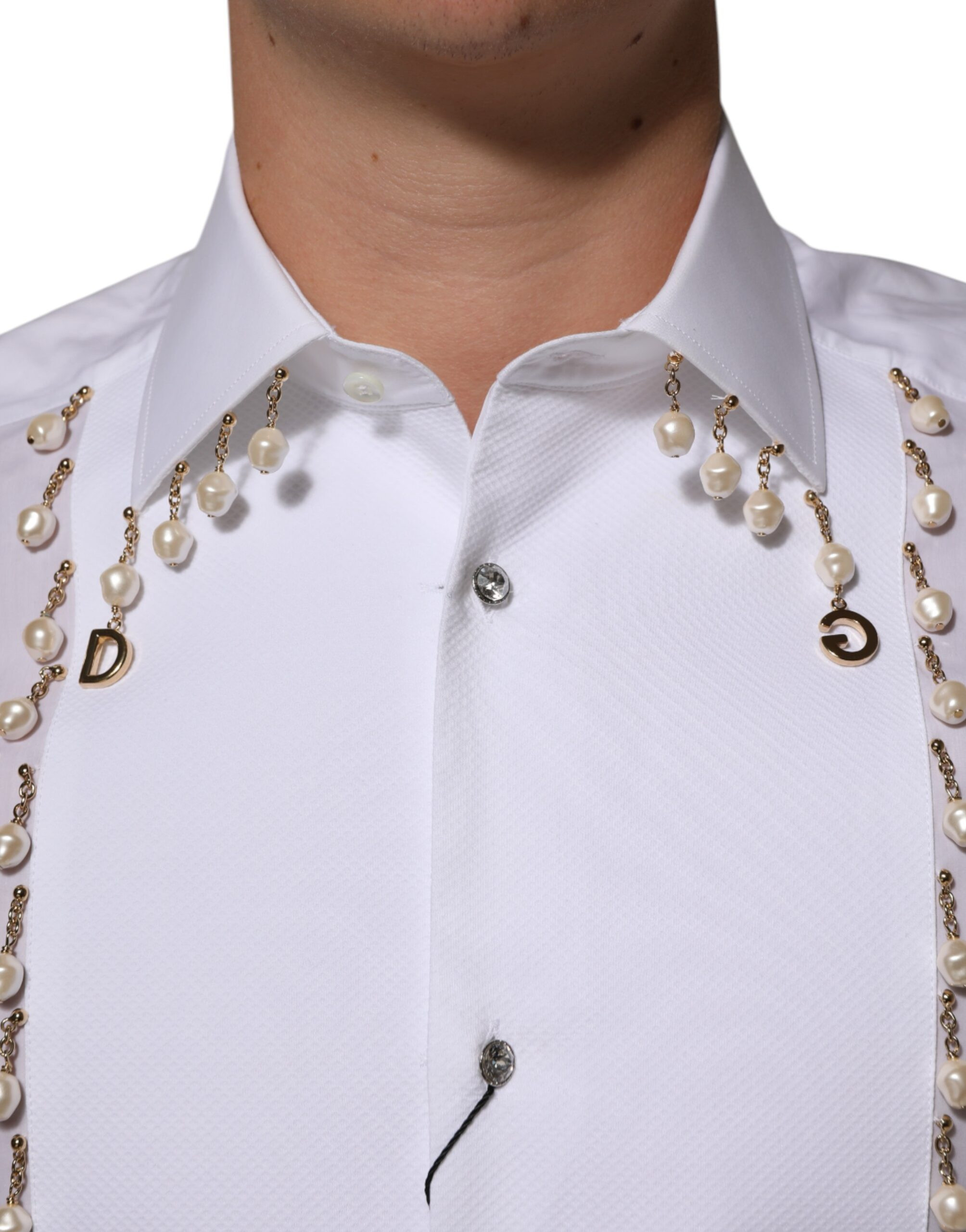 Dolce & Gabbana Klassik Kostyum Ko'ylagi, Oq Paxta, DG Logotipi, Marjon va Oltin Rang