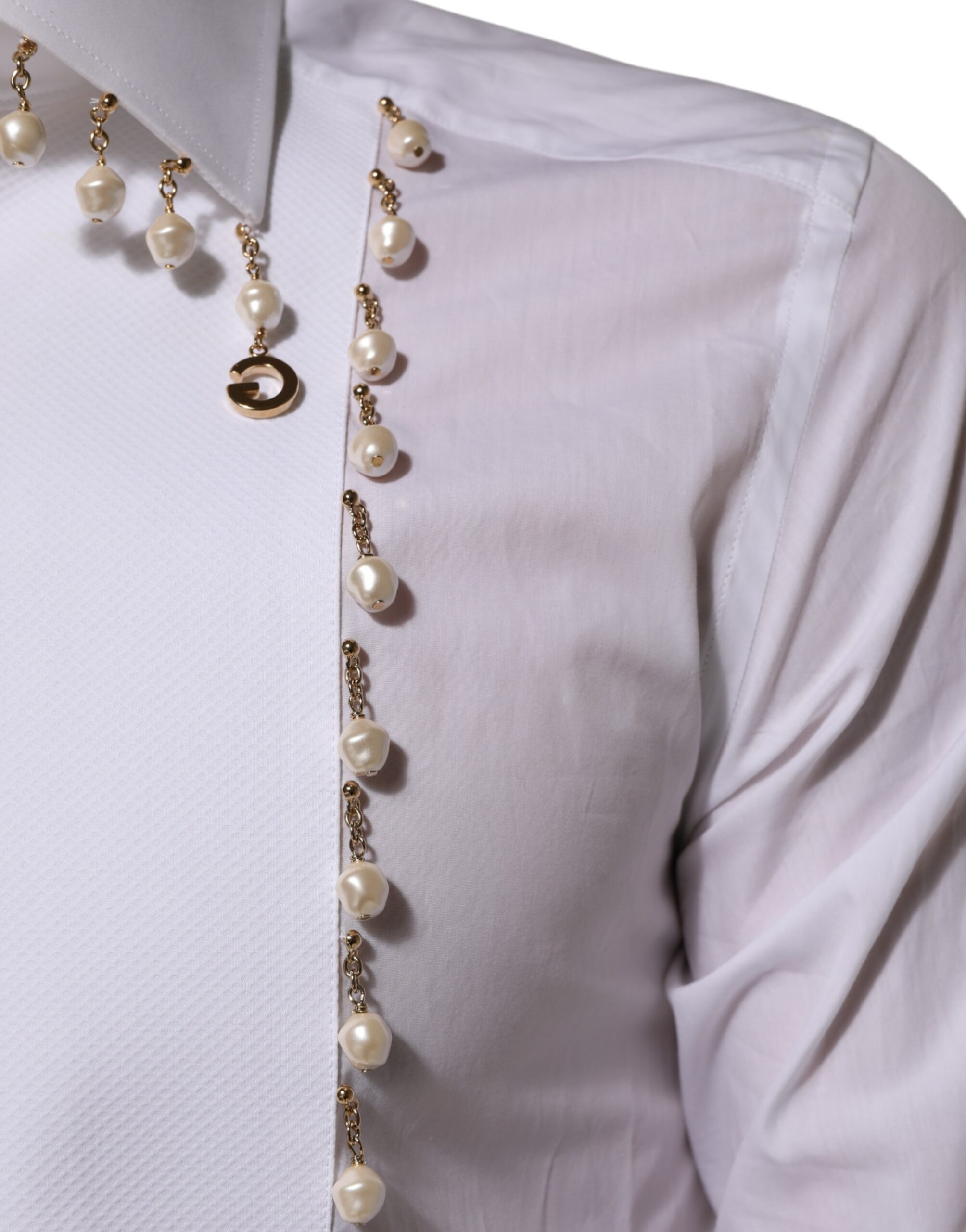 Dolce & Gabbana Klassik Kostyum Ko'ylagi, Oq Paxta, DG Logotipi, Marjon va Oltin Rang