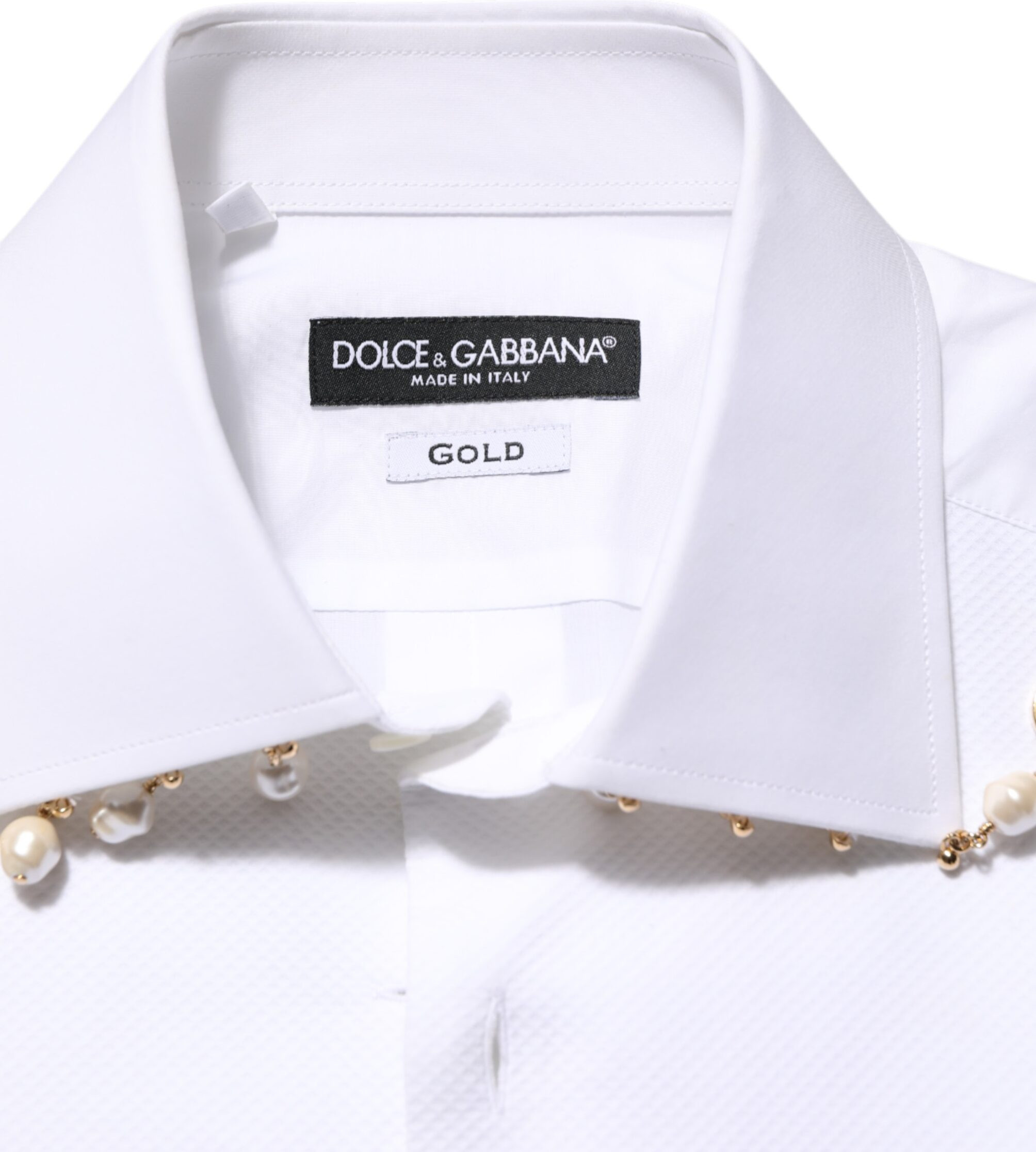 Dolce & Gabbana Klassik Kostyum Ko'ylagi, Oq Paxta, DG Logotipi, Marjon va Oltin Rang