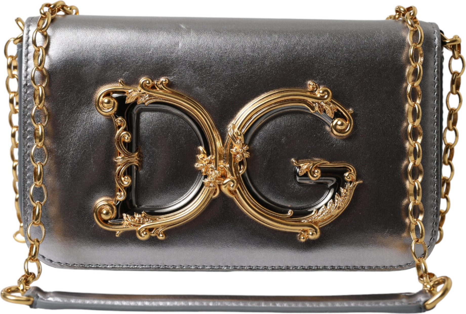 Dolce & Gabbana Metallic Silver Nappa Mini DG Girls yelkasiga osiladigan sumkasi