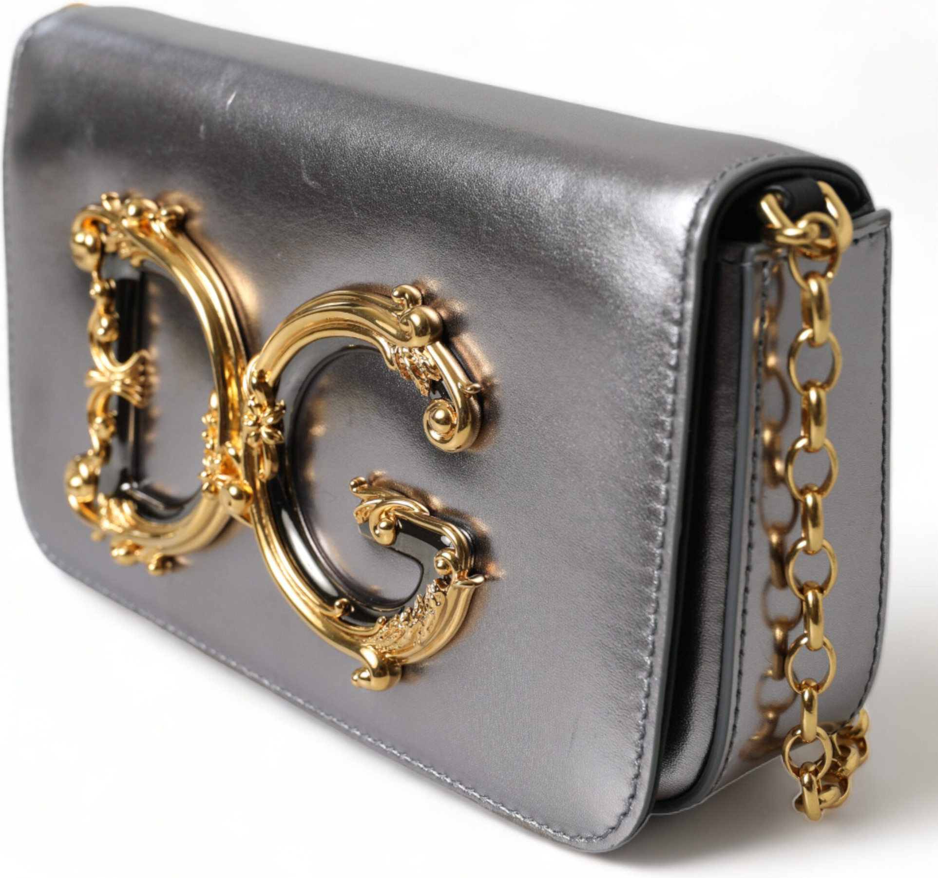 Dolce & Gabbana Metallic Silver Nappa Mini DG Girls yelkasiga osiladigan sumkasi
