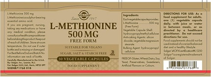 L-Methionine 500mg Vegetable Capsules Solgar