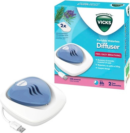 Диффузор Vicks Портативный Безводный с Подключением через USB, Облегчение Дыхания, Ночник