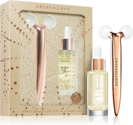 Facial Massage Set Crystalove Golden Clear Quartz 3D Lift & Sculpt