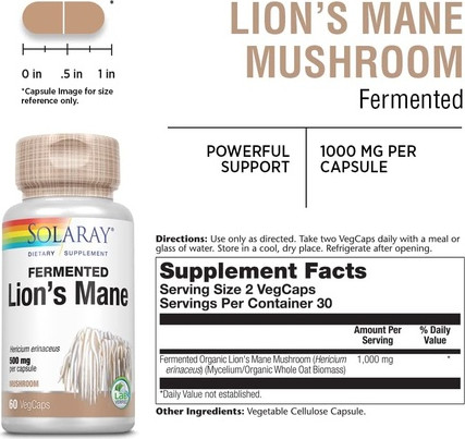 Solaray Fermented Lions Mane Mushroom Sog'lom miya faoliyati Mintaqaviy diqqat Immunitetni qo'llab-quvvatlash 60 Vegkapsula