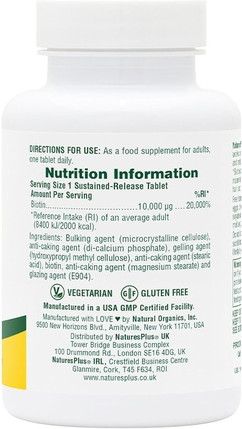 Nature's Plus Biotin 10000 mcg Vazn Qayta Chiqarilishi Yuqori Kuchli Planshetlar
