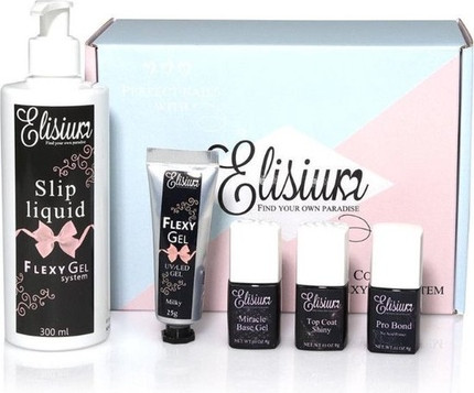 Gel Starter Set Elisium Flexy Gel Pro Bond + Miracle Base Gel + Top Coat Shiny + Slip Liquid + Gel Milky