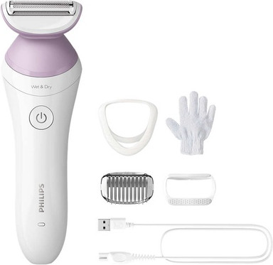 Shaver Philips Lady Shaver Series 6000 Cordless Wet and Dry Shaver with 4 Accessories Body Scrubbing Glove Comb Attachment