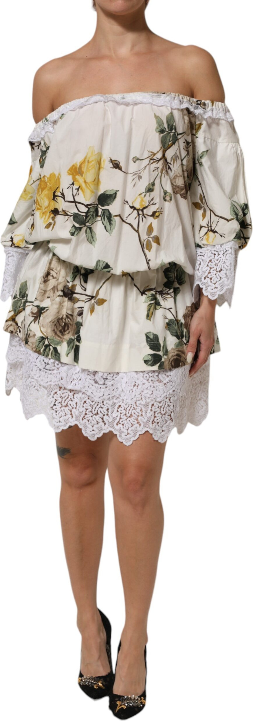 Dolce & Gabbana White Floral Lace Off Shoulder Mini Dress