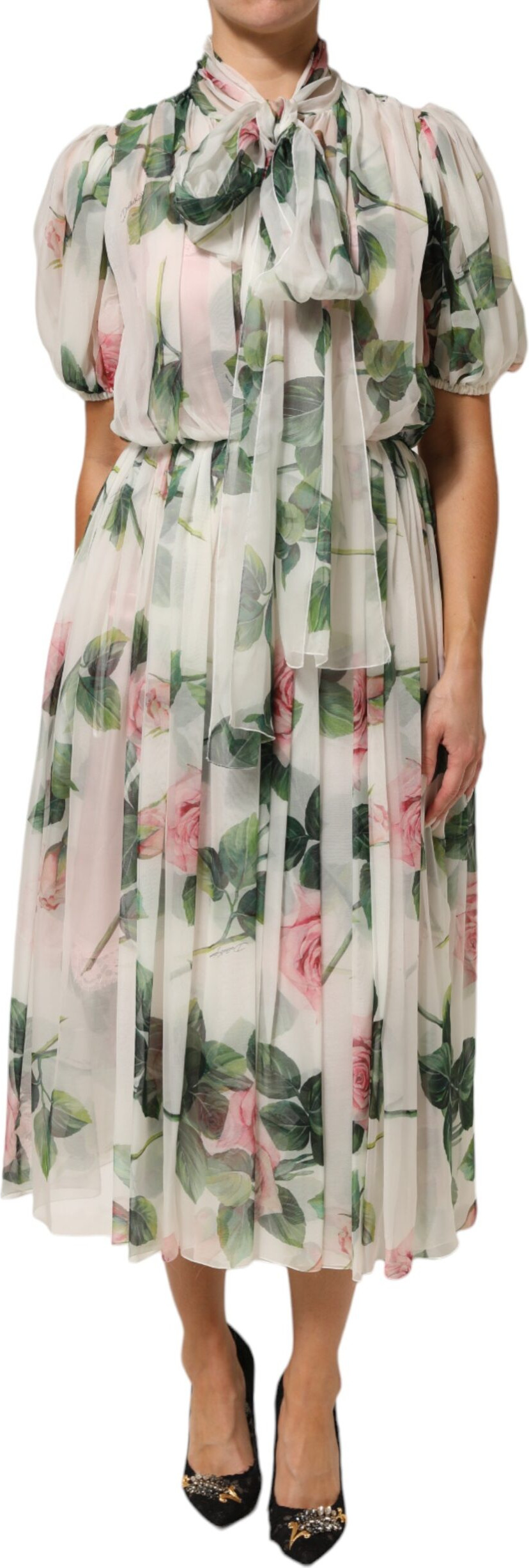 Dolce & Gabbana White Floral Print Silk Pleated Midi Dress