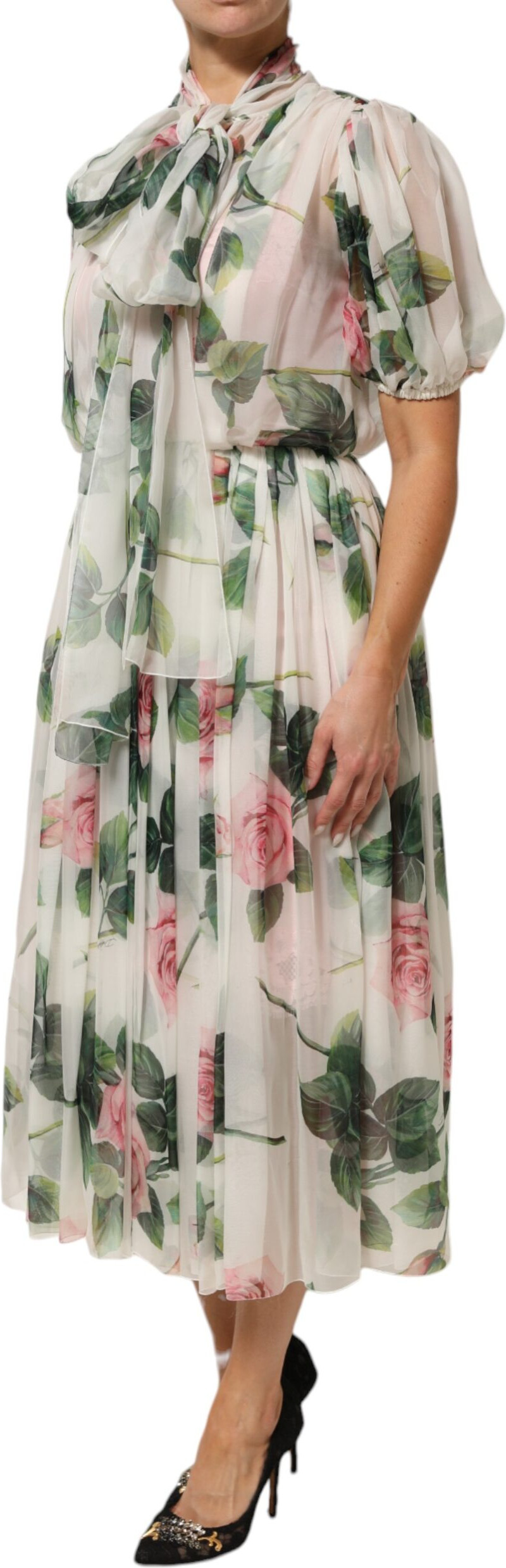 Dolce & Gabbana White Floral Print Silk Pleated Midi Dress