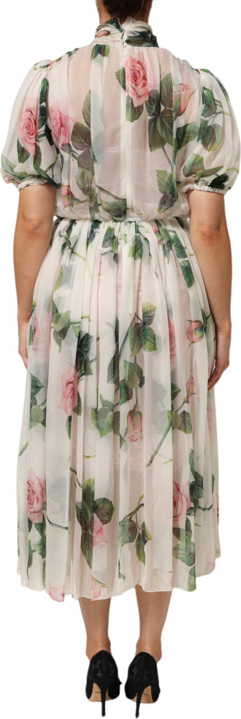 Dolce & Gabbana White Floral Print Silk Pleated Midi Dress