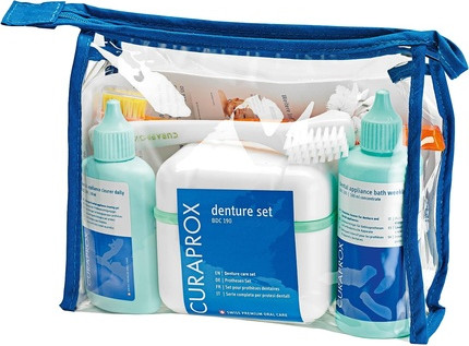 Denture Cleaning Set Curaprox with Daily Care Gel, Weekly Cleaner, Cleaning Brush, and Cleaning Box