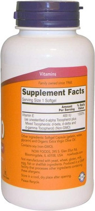 Softgels Now Foods Vitamin E-400 Natural Mixed Tocopherols