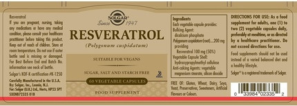 Solgar Resveratrol 100mg Vegetable Capsules - Heart Health Friendly - For Daily Wellbeing