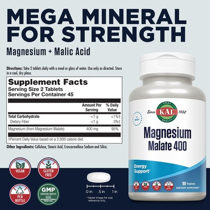 Nahrungsergänzungsmittel KALANI SUN WEAR KAL Magnesiummalat 400mg chelatisiertes Ergänzungsmittel mit Apfelsäure 90 vegetarische Tabletten
