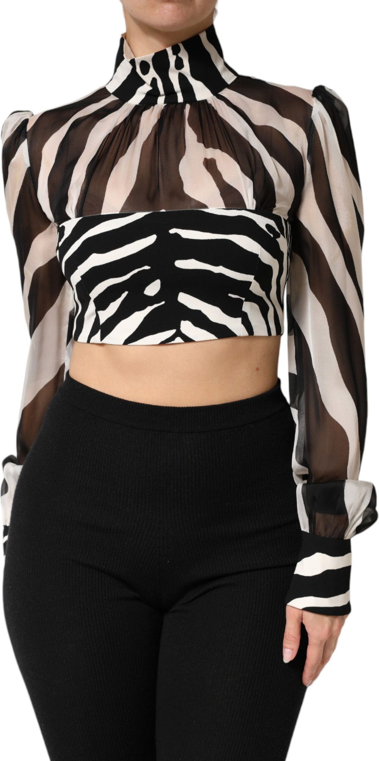 Dolce & Gabbana Zebra Print Chiffon Paneled Crop Blouse Top
