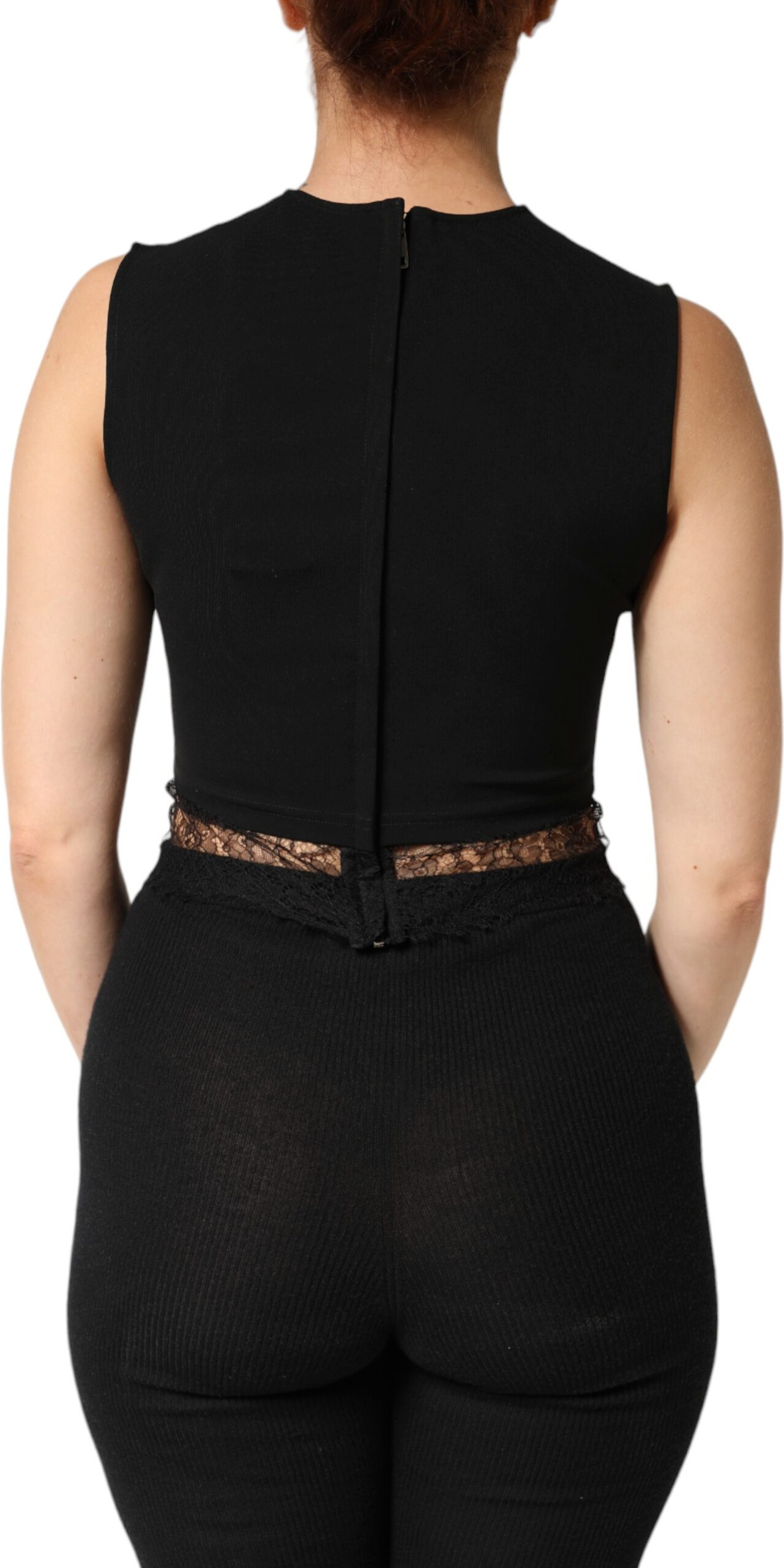 Black Jersey Lace Ruching Rhinestone Tank Top Dolce & Gabbana
