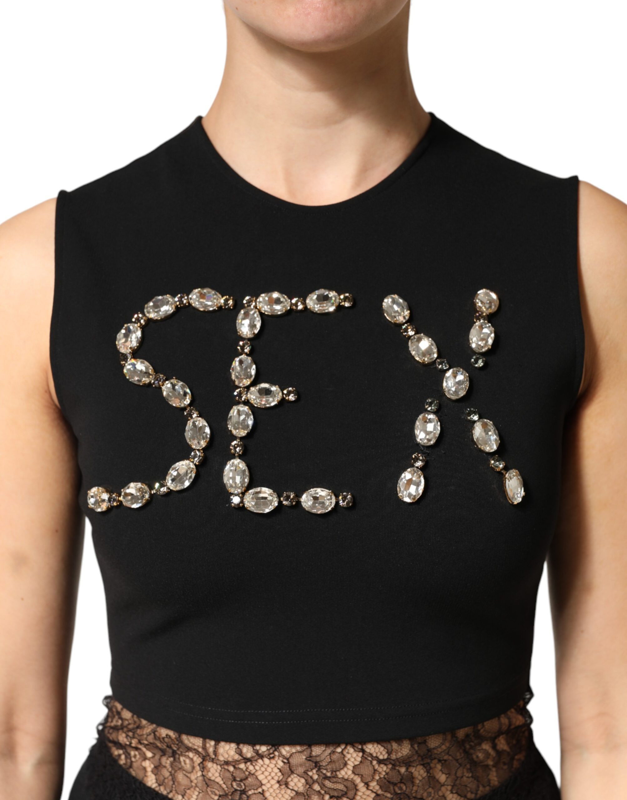 Black Jersey Lace Ruching Rhinestone Tank Top Dolce & Gabbana