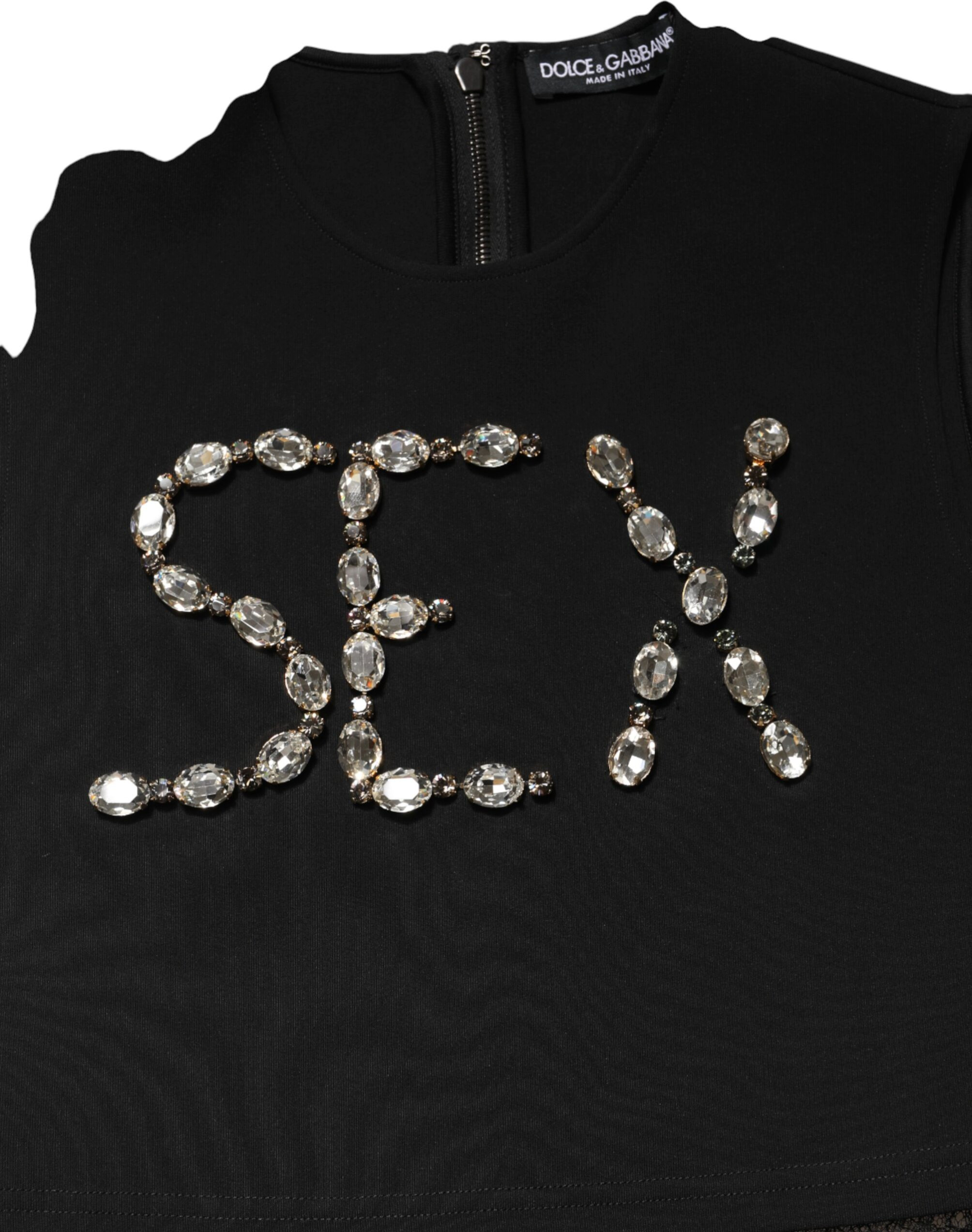 Black Jersey Lace Ruching Rhinestone Tank Top Dolce & Gabbana